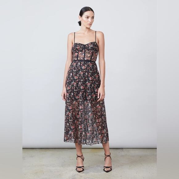 Allen Schwartz Eden floral mesh bustier boning midi dress 10